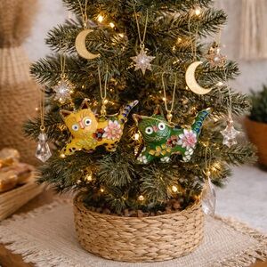 Vintage green & yellow floral enamel Cloisonné cat ornaments